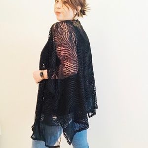 MELISSA PAIGE Kimono Cardigan Black Crochet Fringe